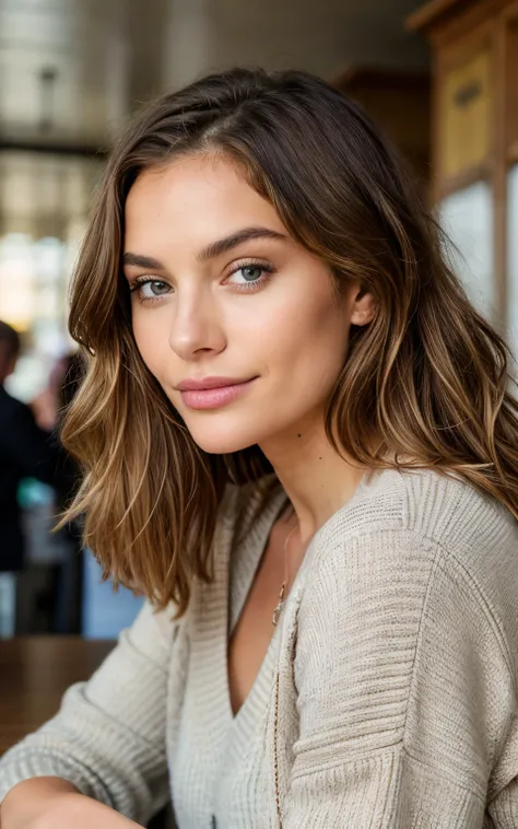 belle brune aux reflets blonds portant un pull beige (in a café drinking sodery detailed, 22 ans, visage innocent, natural wavy ...