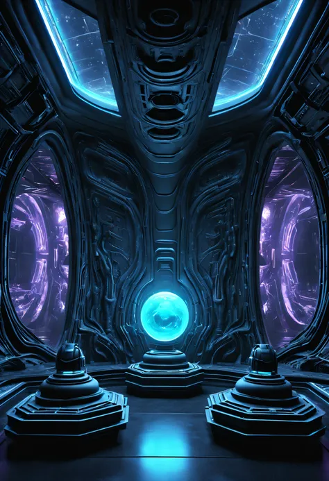 01_black light, the interior of an epic alien ship, the atmosphere of the movie “alien”. bionic forms cover the walls in bas-rel...