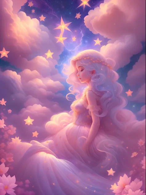 (Best quality,4K,8K,A high resolution,tmasterpiece:1.2),ultra - detailed,(actual,realistically,realisticlying:1.37),Dreamy sky,Sleeping Beauty,Fluffy clouds,As estrelas,light colors hair,Bushy hair,strands,illuminations,fairy tale painting,Amazing artwork,...