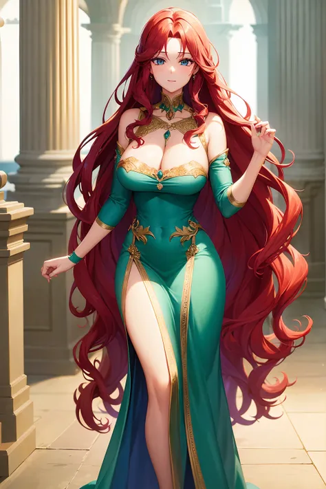 1 adult beautiful women, long crimson curly hair, hazel blue eyes, well-developed bosom, wearing emerald-blue gown, Royal-hall, ancient medieval period , high resolution, ultrasharp, 8K, masterpiece, looking at viewer