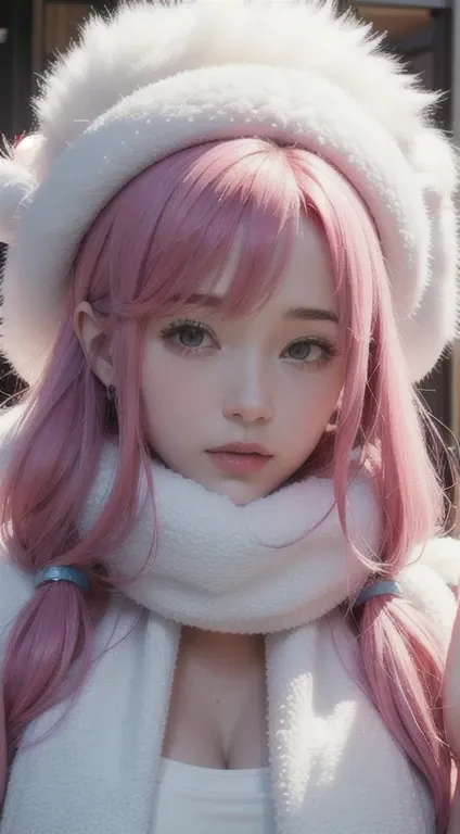 beautiful girl with pink hair on her head, red hat, white fluffy scarf,a lot of details,a closeup of a