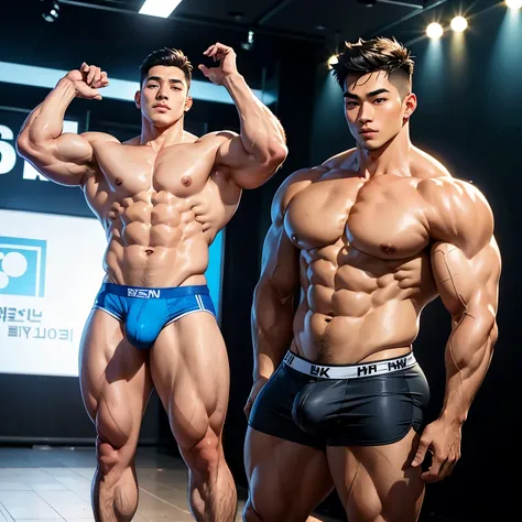 Korean Man, Sexy man, Bodybuilder, Muscular body, big muscle, Short and delicate hair, Natural eyes, looking up at viewer, taned skin, big bulge, thick-thighs, Full Body Shot, Masterpiece, Best Quality