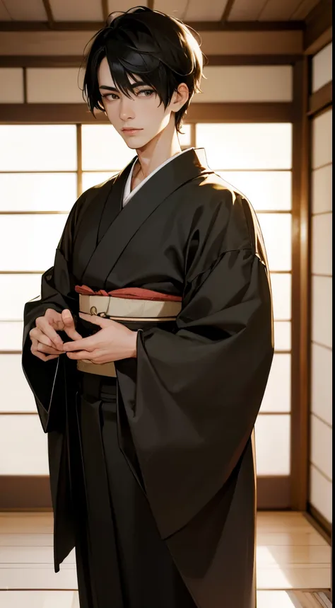 masutepiece, high-level image quality, Beautiful young man wearing a kimono, Japanese-style room at the ryokan, Beautiful facial features, Accurately and beautifully depict faces and bodies, Short-haired black hair, twinks, Superb Beauty