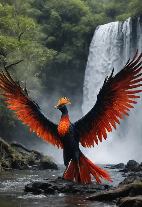 Phoenix bird reborn from its ashes in a forest clearing where there is a small lake where the foamy waters of an impressive waterfall reach, para proteger a una hermosa joven dama de pelo negro azabache, regional costume of León, que paseando por dicho cla...