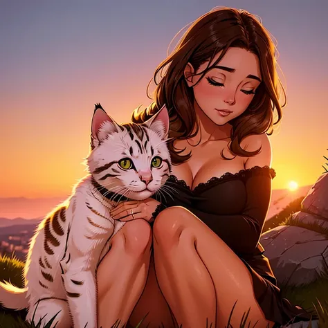 Two kittens snuggle at the hills summit, gazing at the sunset with curious eyes, their fur illuminated by the warm hues of the evening.