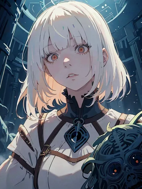 Long bangs, masutepiece, Best Quality, Hair over one eye, Short ginger hair, Young Girl, Realistic, Excellent lighting, Side lighting, In the background scary whispers guide a man through the dark labyrinth of an underground labyrinth,white  hair