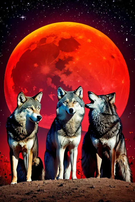 3 wolf staring at the red moon