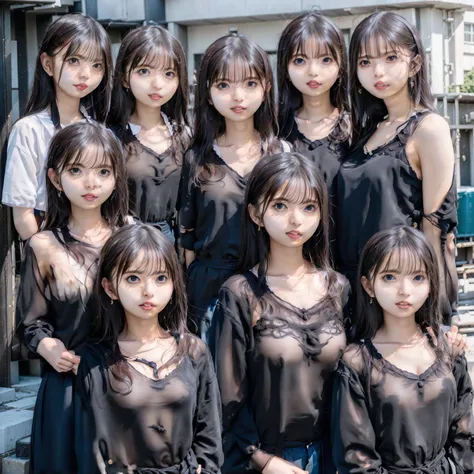 Raw photo、(((multiple girls))),((((6+girls)))),((((100girls)))),(((1000girls)))、((((100 Girls))))、((((Gigantic Breasts))))、Women only、The same face、matching school uniform、12 years old、Long black hair、100 cute girls going to school、a smile、Commuting to sch...