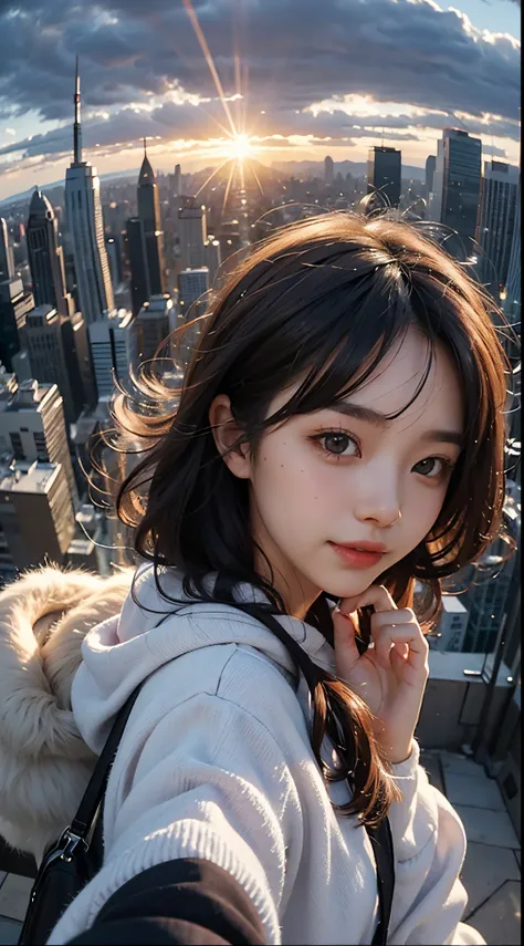 1girl in, ((Fisheye, Selfie)), Wind, hair messy, Sunset, Cityscape, (Aesthetics and atmosphere:1.2),Beautiful woman smiling、8K、An ultra-high picture quality、japanes、1 woman around 20 years old