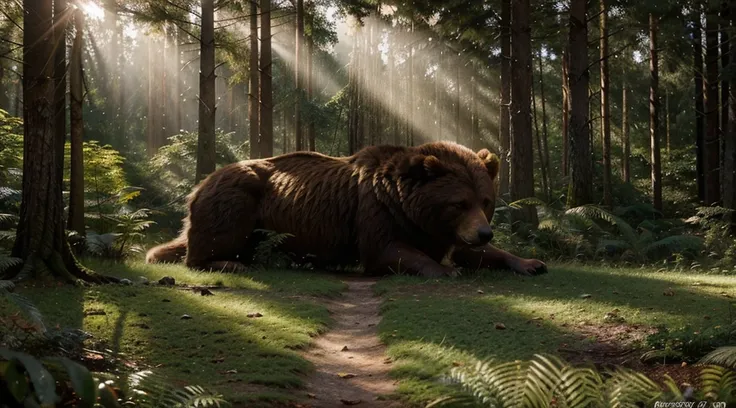 Desenvolva uma imagem impactante e altamente detalhada de um urso majestoso em uma floresta exuberante, capturing the magical atmosphere of the moment when sunlight penetrates through the dense treetops. Realce a textura do pelo do urso, destacando cada fi...