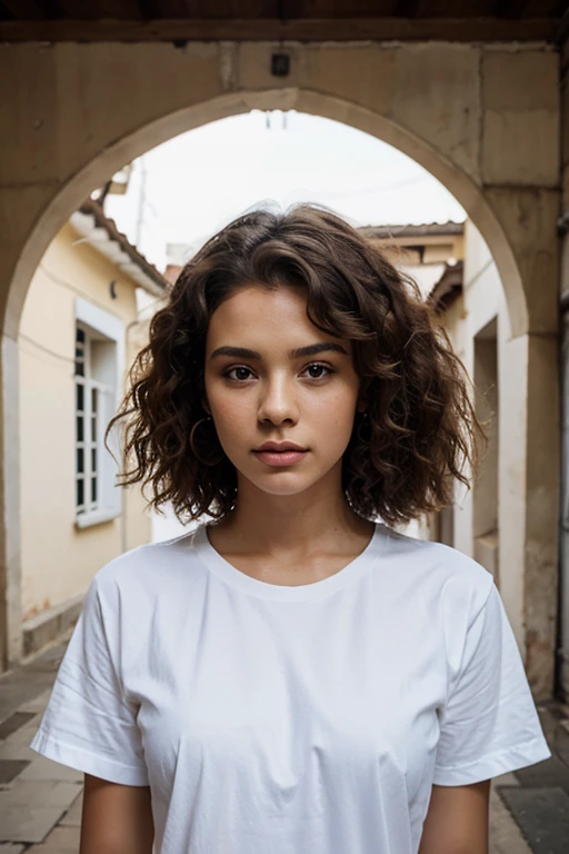 young girl, lightskin brasilian model, white long t-shirt, photoshoot, afro curls, round hair