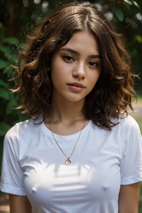 young girl, lightskin brasilian model, white long t-shirt, photoshoot, afro curls, round hair