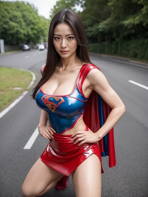 A Japanese Lady,masutepiece, High quality, UHD 32K,Live-action adaptation,Muscular realistic face, Colossal tits,Realistic skin feeling ,48yo,1 Lady,Huge breasts,Supergirl Costumes,Race Queen, For Competition, Japan Representative,viewer,Solo,Wearing latex...