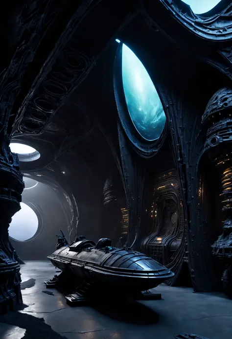 01_Black light, the interior of an epic alien ship, the atmosphere of the movie “Alien”. Bionic forms cover the walls in bas-relief, black artificial material, stone-plastic, and bionics. Sanded, polished, smooth, bas-relief, bionics, cyber-punk. Elements ...