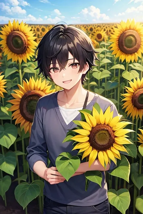 a farmer anime boy with black hair and he smile. The background is Sunflower Garden