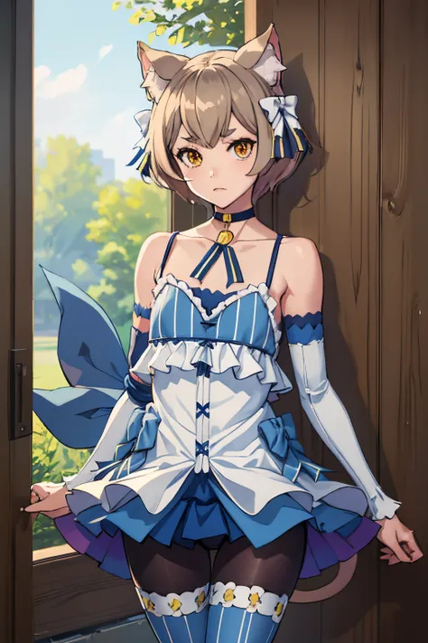 (masterpiece, best quality:1.2), cowboy shot, solo, male focus, 1boy, felix argyle, otoko no ko, :3, looking at viewer, hair bow, dress, striped, ribbon, detached sleeves, pantyhose, blue choker, tail, collarbone, bare shoulders