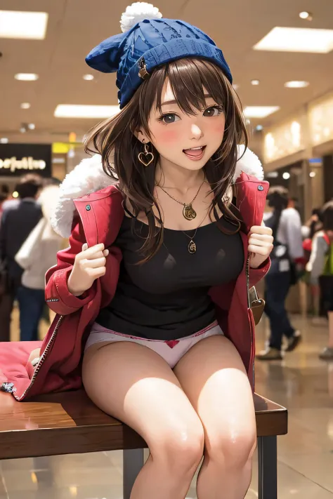 a women, ((blush)), ecstasy face, clerk, earrings, necklace, climbing and straddling to hit her cute panties on the corner of the table, open legs, raise leg, open mouth, ((masturbation)), large mall, ceiling, place where many people, (anime background), s...