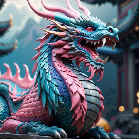 Druged 3d chinese dragon, huge, capsuled dragon 3 d art, stunning artwork, extremely high quality artwork, beautiful artwork, colorful hyperrealism, beeple colors, blue, pink, grey,(best quality,4k,8k,highres,masterpiece:1.2),ultra-detailed,(realistic,phot...