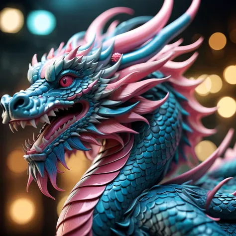 Druged 3d chinese dragon, huge, capsuled dragon 3 d art, stunning artwork, extremely high quality artwork, beautiful artwork, colorful hyperrealism, beeple colors, blue, pink, grey,(best quality,4k,8k,highres,masterpiece:1.2),ultra-detailed,(realistic,phot...