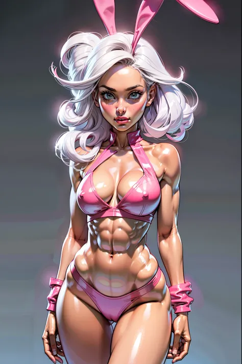 ((best quality)), ((masterpiece)), (detailed), perfect face, ((Best Quality)), ((Masterpiece)), ((Realistic)) and ultra-detailed photography of a 1nerdy girl in a pink leather bunny suit. She has ((platinum hair)), wears a small skimpy pink bikini thong , ...