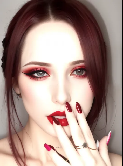 mulher arafada com unhas vermelhas e um anel no dedo, olhos escuros e penetrantes, contatos vermelhos, com olhos esclerais pretos, lentes de contato vermelhas, olhos vermelhos, com olhos vermelhos brilhantes, goth makeup, goth makeup, pale skin and dark ey...