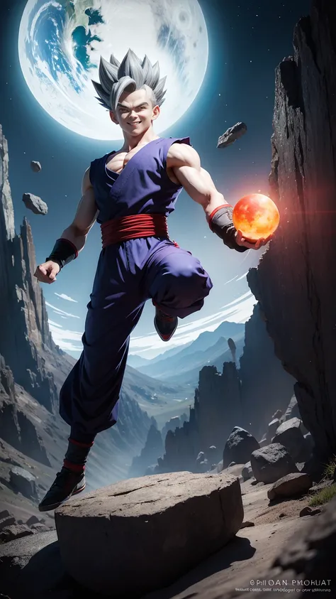 masterpiece, best quality, ultra-detailed,  Gohan 1boy, solo, Full body, evil smile, grey hair, spiked hair, red eyes, dougi, full body, looking at viewer, male focus, earth (planet), planet, space, cracked ground and rocks rising up, rubble rising,