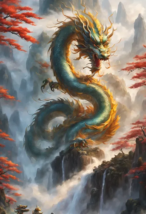 oriental mythology, chinese oriental dragon, cloud, wind, (fog color shuangjiao), waterfall, (long stream), (floating), dynamic ...