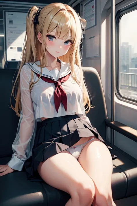 highly detailed, extremely detailed CG unity 8k wallpaper, illustration, highres, absurdres, highly detail, 8K, 1girl sit on the chair in the train, in skirt, open legs, show panties, nsfw, drop、Blonde hair、Longhaire、a sailor suit（white colors）、Sheer under...