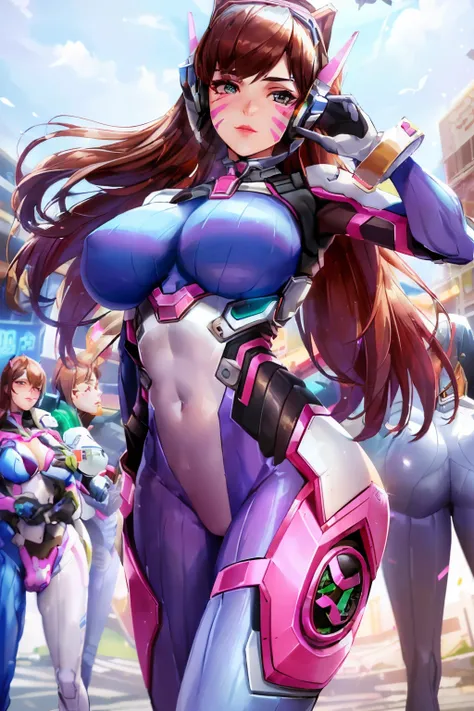 (masterpiece, best quality, ultra detailed, absurdres)1.5, 1girl, (sexy, beautiful woman, perfect face, perfect eyes, perfect female body, huge breasts)1.5, (dvaover, d.va (overwatch), long hair, brown hair, swept bangs, headphones, blue bodysuit, ribbed b...