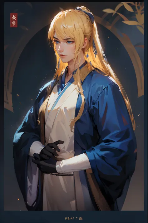 handsome young man, long blonde hair, cinematic lighting, LONG glove, (((deep blue and white male hanfu))), blud outer clothes, ancient china, minimalist background pattern,  background flat background, masterpiece