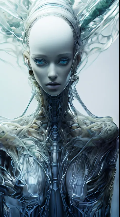 photo realistic anime style best quality possible, alien master piece naked woman nude, large completely black and gelatinous eyes, small reddish lips, slightly disproportionate head, very straight silver hair, thin neck, perfect, nude, naked, and tiny fir...