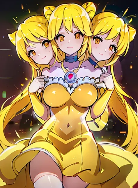 best quality, (masterpiece),(ultra-detailed), (high quality), (high resolution), (3heads:1.5) 1girl, blonde hair, golden yellow eyes, yellow magical girl dress, magical girl, golden yellow outfit, decently large breasts, city background