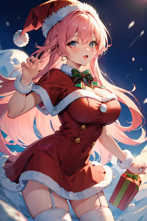 "anime girl, 1 person, pink hair, pink cat ears, pink eyes, santa hat, santa shirt, red dress, stockings, big breasts, solo, standing cross-legged, falling snow, Christmas gift box, (full HD 4K+ image)" front view