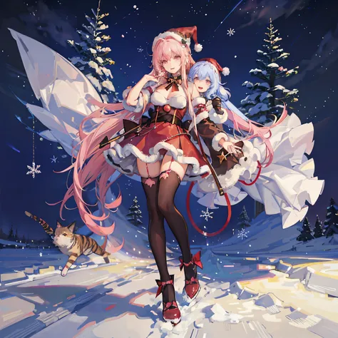 "anime girl, 1 person, pink hair, pink cat ears, pink eyes, santa hat, santa shirt, red dress, stockings, big breasts, solo, standing cross-legged, falling snow, Christmas gift box, (full HD 4K+ image)"