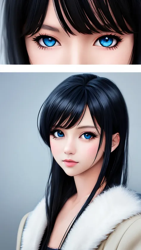 Anime girl with black hair and blue eyes in a fur coat, adorable digital painting, anime styled 3d, artwork in the style of guweiz, anime realism style, anime styled digital art, kawaii realistic portrait, realistic anime 3 d style, cute detailed digital a...