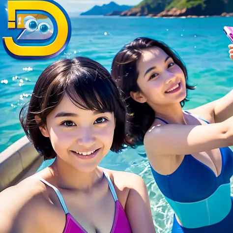 In the Disney Pixar poster, the girl taking a selfie with the sea in the background has short black hair and is wearing a blue swimsuit.。The girl next to me has her face close to the girl&#39;s right cheek, has long brown hair, and is wearing a pink swimsu...