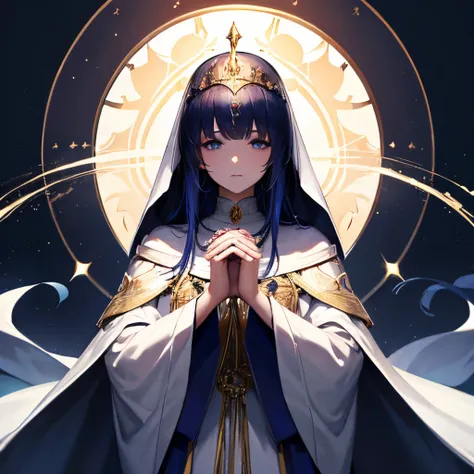 Priestess woman, a white cloak over her head that still shows her face, eyes and a bit of hair. Looking forward. Thin face, neutral expression. Hands are held together in a prayer position. Cloak  embuled with jewels with a gold crown with blue gems on the...