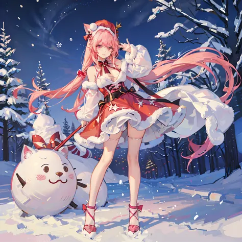 "anime girl, 1 person, pink hair, pink cat ears, pink eyes, santa hat, santa shirt, red dress, stockings, big breasts, solo, standing cross-legged, falling snow, Christmas gift box, (full HD 4K+ image)"