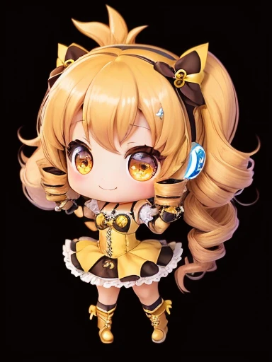 rendered,Cute Baby Chibi Anime,（（（Super masterpiece、top-quality、ultra - detailed、1 girl in、tchibi：1.5）））、fashion chibi essentials, Best Quality, 1girl in, Drill Hair, twin drills, (Yellow eyes:1.2), Brown gloves, corsets,, Fingerless gloves, Smile, magical...