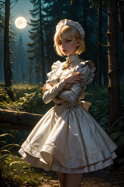 Marta Gromova (Ukrainian Model), short hair, blonde, medieval maid dress, shy pose, shy face, in a forest at night time, moonlight