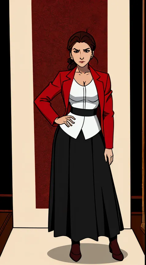 A full body image of a middle aged woman with long brown hair tied up, an hourglass figure, small breasts, hand on hip, authority, red jacket with white blouse underneath, black skirt.