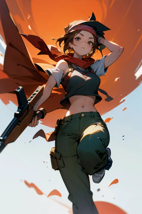 (masterpiece), best quality, girl, 18 years old, size 2 breasts, shoulder-length brown hair, bandana, top, pants, dynamic pose, shotgun looking at the viewer