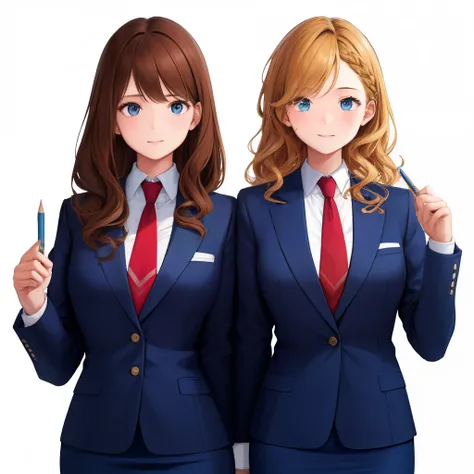 2girls, duo, twins, standing shoulder-to-shoulder, teenage woman, happy, brown hair, blonde hair, long curly hair, matching hairstyles, different hair colors, hair down, hazel eyes, blue blazer, red necktie, blue pencil skirt, white background, best qualit...