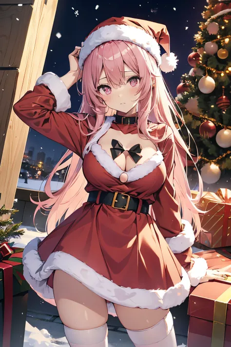 "anime girl, 1 person, pink hair, pink cat ears, pink eyes, santa hat, santa shirt, red dress, stockings, big breasts, solo, standing cross-legged, falling snow, Christmas gift box, (full HD 4K+ image)" front view