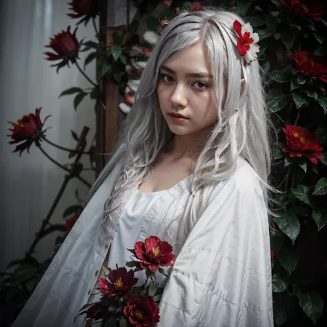 1girl,solo,((with beard)), (detailed light),depth of field,(white hair),silver eyes,asian,master piece, beard,(red flower ), hair flower,long hair,black cloak,wet,emotionless,night,starfall,raining,fog,red flowers falling,sketch,upper body,intense shadows,