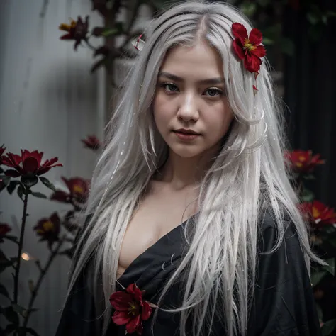 1girl,solo,((with beard)), (detailed light),depth of field,(white hair),silver eyes,asian,master piece, beard,(red flower ), hair flower,long hair,black cloak,wet,emotionless,night,starfall,raining,fog,red flowers falling,sketch,upper body,intense shadows,