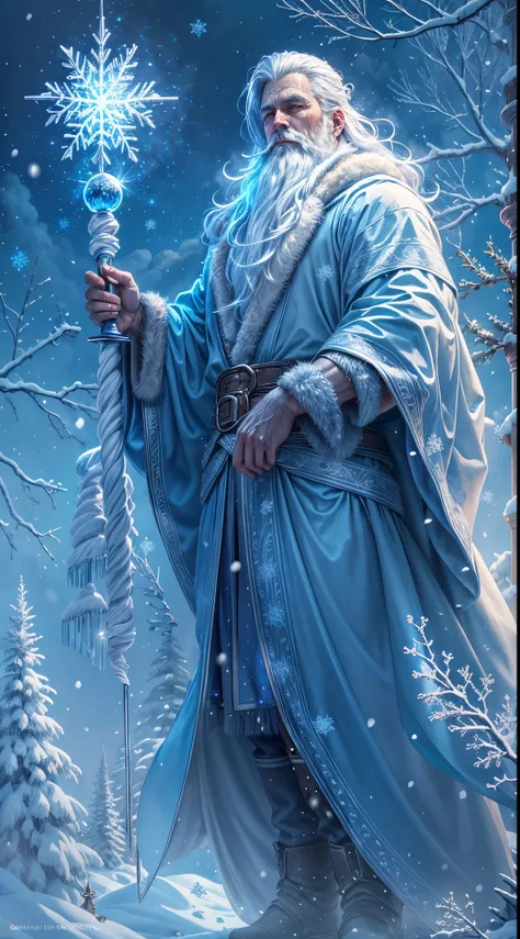 (a detailed, realistic portrait)Santa Claus(,the iconic Christmas figure,)as an  wizard,in a snowy winter landscape(dotted with frosted trees and gently falling snowflakes).His(white, flowing)beard(glistens with  crystals and)extendelow his waist).He wears...