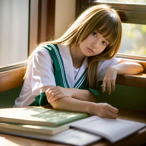 ((masutepiece,Best Quality, High resolution)), 1girl in, Solo, Green eyes, Blonde long hair tied with a blue ribbon, Blunt bangs, Sitting, Arms crossed on the table, Sleep with crossed arms, School uniform, white serafuku, Red sailor collar, Short sleeves,...