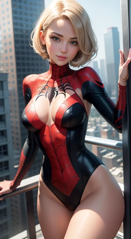 shot below eye level, handsome girl, Slender figure, I&#39;m standing on the roof of a high-rise building, endearing smile, Crew Cut, Spider-Man, The perfect female face, A detailed eye, long eyelashes