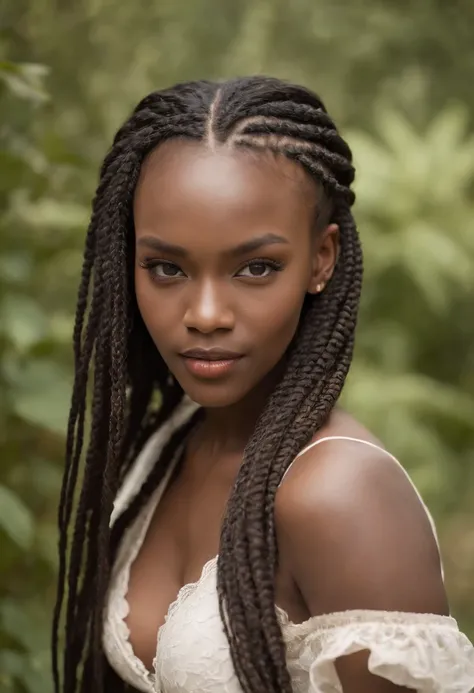 ((Very Dark African skin)), ((Very deep ebony skin)), ((Its beauty is undeniable)), ((Excited cute face)), ((Hyper detailed perfect eyes)), ((Braided African hair)), ((attitude playful)), ((Seductive)), ((sexy)), ((skin)), Cute african  girl, seios enormes...